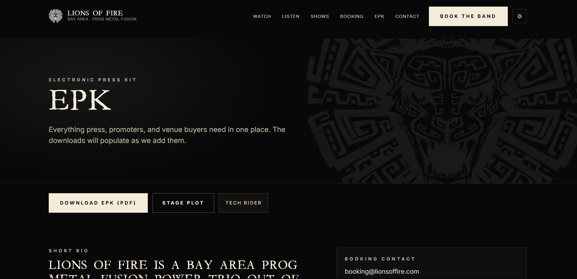 Lions of Fire /epk page with downloadable press kit, stage plot, and tech rider